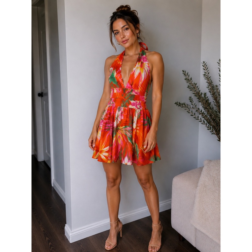 Crystal Sky Orange Tropical Floral Halter Mini Dress Smocked Waist XS FKF20535T